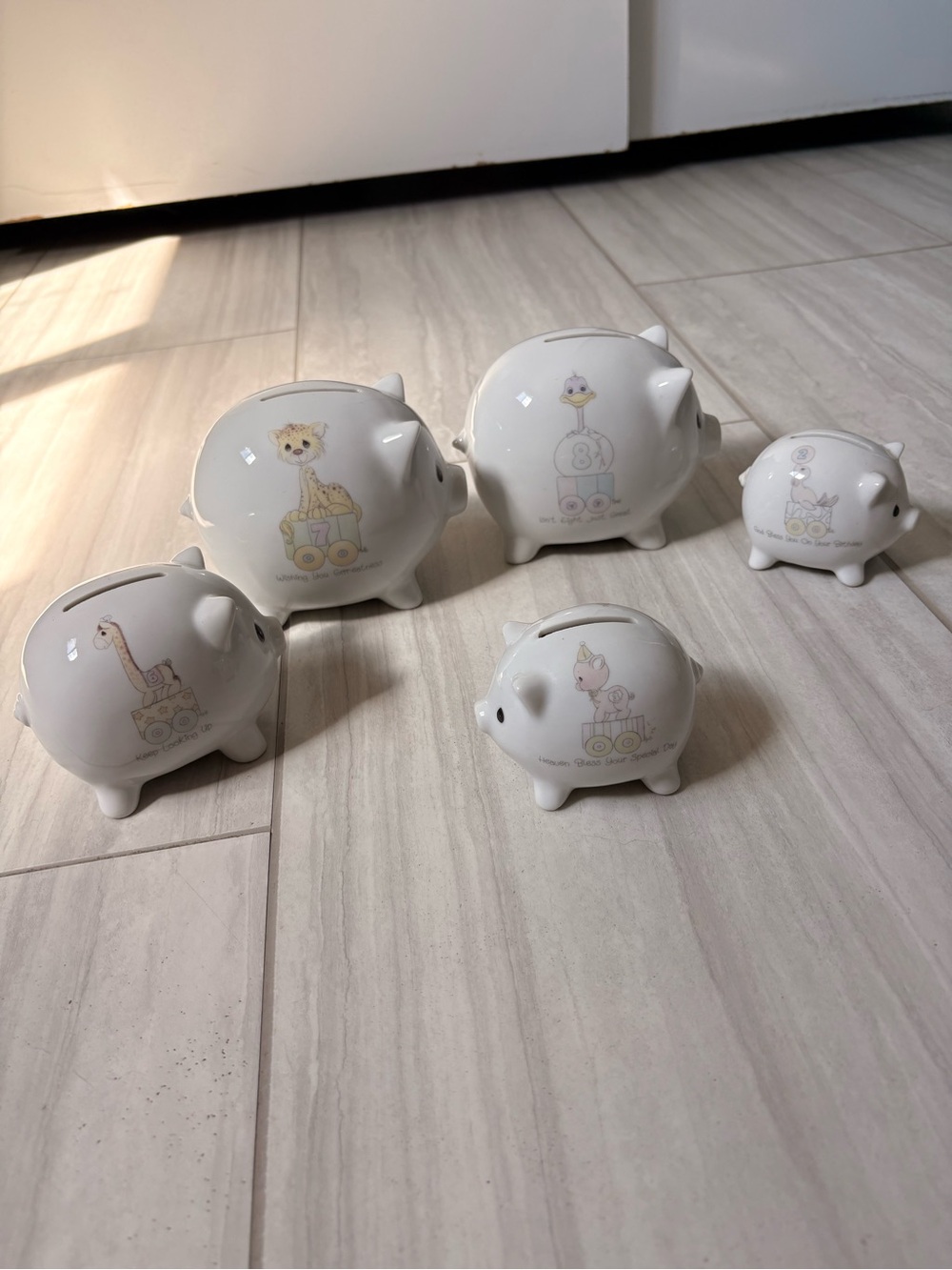 Vintage Precious Moments White Ceramic Piggy Bank Set of 6